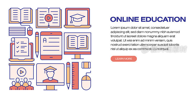 E-Learning, Online Education, Home school Related Modern Line Style插图